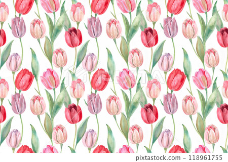 水彩鬱金香無縫圖案背景 水彩鬱金香無縫圖案背景 118961755