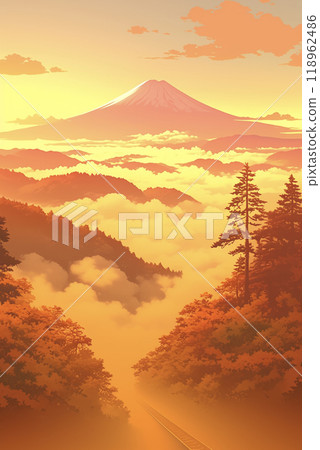 染在晨光中的通往富士山的鐵路線圖像 AI 影像 118962486