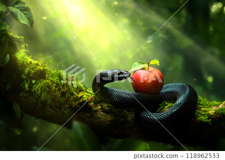 Forbidden fruit red apple and black snake Forbidden fruit red apple and black snake 118962533