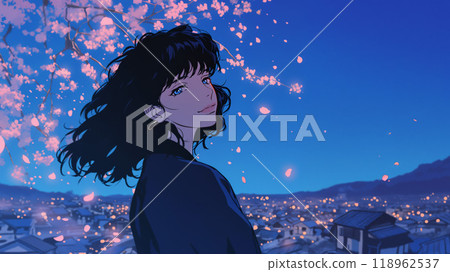 一位女士在櫻花旁看夜景 118962537