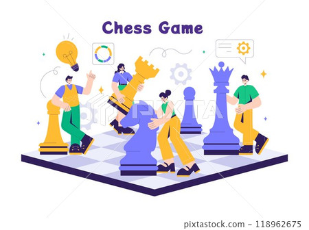Chess Board Game Illustration with Black and White Pieces Representing Strategic Market Moves and Competitive Analysis for Success in a Background Chess Board Game Illustration with Black and White Pieces Representing Strategic Market Moves and Competitive Analysis for Success in a Background 118962675