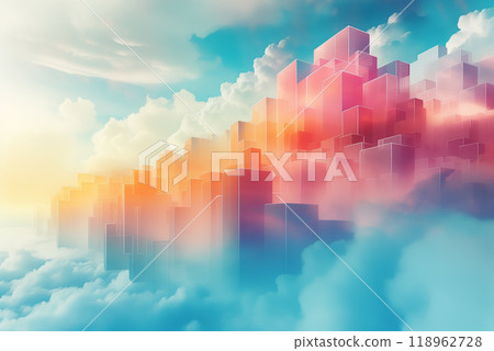 AI-generated material: Colorful clouds and a rectangular background resembling buildings 118962728