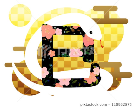 New Year's card material, illustration of a yellow patterned snake with the character for snake 118962875