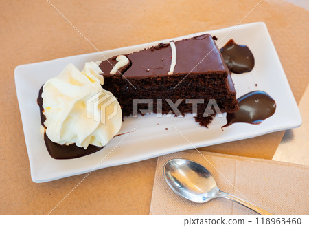 Piece of chocolate cake with chocolate topping Piece of chocolate cake with chocolate topping 118963460