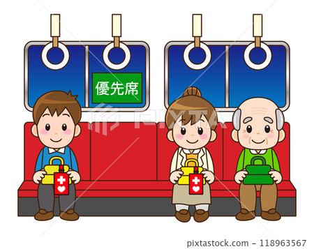Illustration material of an elderly person sitting in a priority seat on a commuter train at night and a woman and man wearing a help mark Illustration material of an elderly person sitting in a priority seat on a commuter train at night and a woman and man wearing a help mark 118963567
