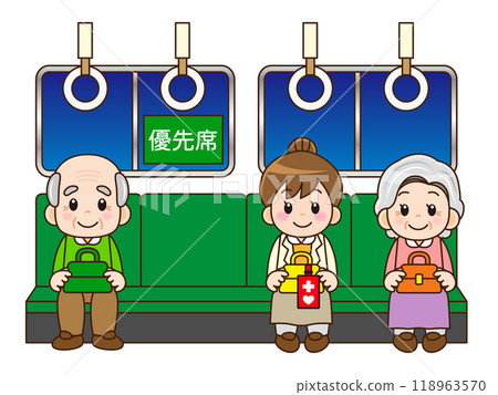 Illustration material of an elderly person sitting in a priority seat on a commuter train at night and a woman wearing a help mark 118963570