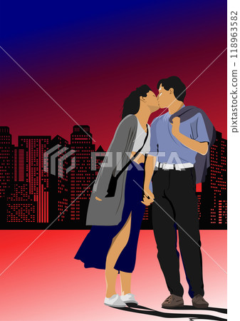 Cover for Valentines Day with kissing couple. Vector 3d hand drawn  illustration 118963582