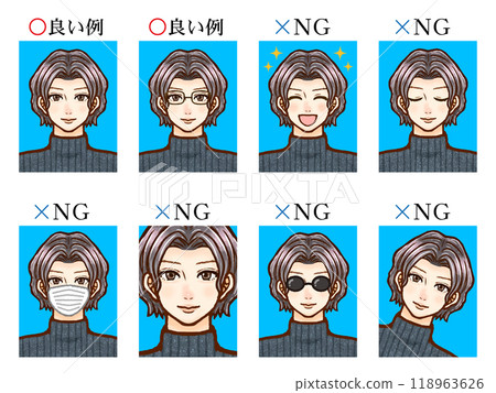 Illustration material of good and bad examples of ID photos for adult men Illustration material of good and bad examples of ID photos for adult men 118963626
