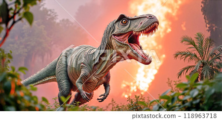 Tyrannosaurus rex in forest fire 118963718
