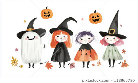 Halloween concept: watercolor illustration of ghost and witch 118963780
