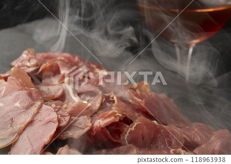 Raw ham, beef ham, smoked, wine 118963938