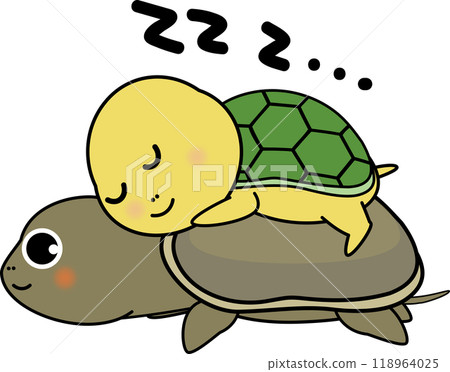 可愛溫柔的烏龜睡在甲魚上的人物插畫 可愛溫柔的烏龜睡在甲魚上的人物插畫 118964025