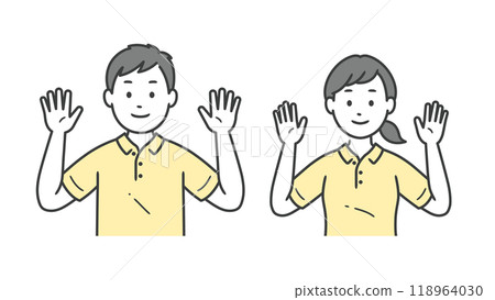 男性和女性護理人員舉起雙手做萬歲的上半身插圖 118964030