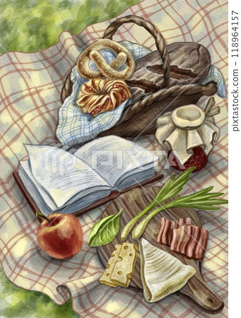 Food in a picnic basket next to an open book on a tablecloth on the grass. Colored vintage illustration with background. For printing in books, restaurant menus, postcards, posters, invitations, etc. Food in a picnic basket next to an open book on a tablecloth on the grass. Colored vintage illustration with background. For printing in books, restaurant menus, postcards, posters, invitations, etc. 118964157