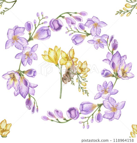 Field mouse and freesia flowers. Seamless pattern in vintage style. Watercolor illustration for printing on fabric, wallpaper, tablecloths, towels, bed linen, etc.Delicate pastel colors and femininity Field mouse and freesia flowers. Seamless pattern in vintage style. Watercolor illustration for printing on fabric, wallpaper, tablecloths, towels, bed linen, etc.Delicate pastel colors and femininity 118964158