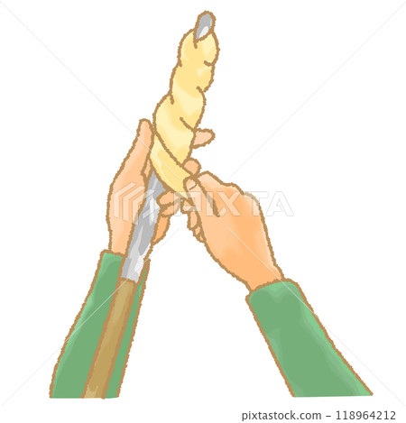 Hands wrapping bread dough around a bread stick - hand-drawn illustration Hands wrapping bread dough around a bread stick - hand-drawn illustration 118964212