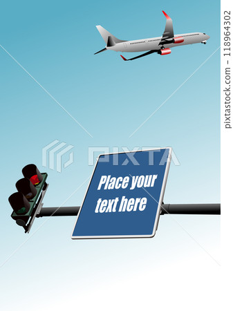Airplane flying over traffic light and blank road sign 118964302