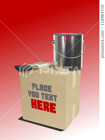 Paint can and brush resting on cardboard box for copy space 118964310
