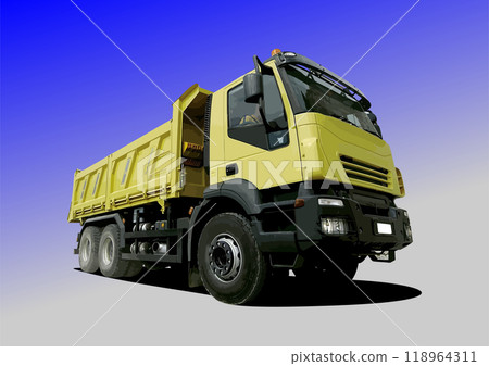 Powerful yellow tipper truck standing under blue sky 118964311