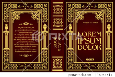 Vintage book cover design featuring golden ornaments and columns Vintage book cover design featuring golden ornaments and columns 118964315