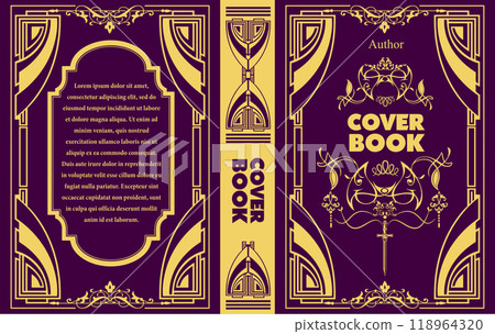 Cover book design featuring intricate gold foil design on purple background 118964320