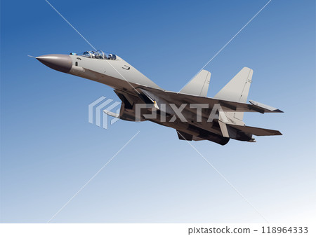 Modern military jet fighter aircraft flying in a blue sky 118964333