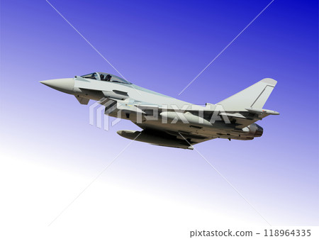 Modern military jet fighter aircraft flying in a blue sky 118964335