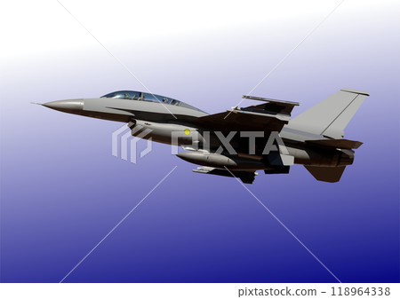 Modern military jet fighter aircraft flying in a blue sky 118964338