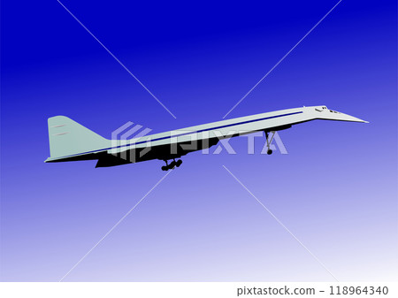 Supersonic airplane  flying in blue sky 118964340