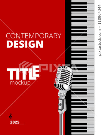 Vintage microphone standing next to piano keys on red background 118964344