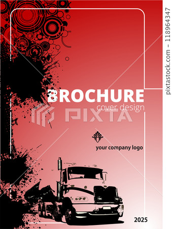 Big rig truck driving on brochure cover design with red and black ink splatter 118964347