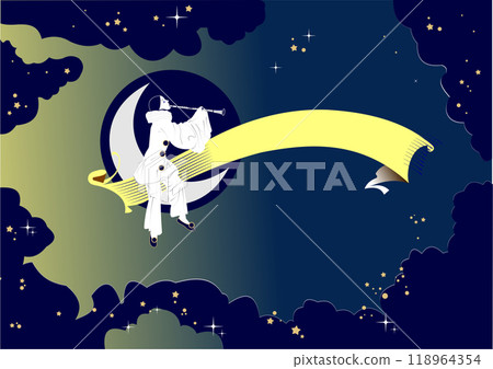 Pierrot playing clarinet sitting on crescent moon banner ribbon in the sky Pierrot playing clarinet sitting on crescent moon banner ribbon in the sky 118964354