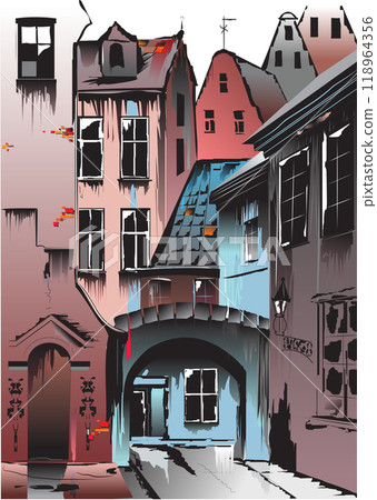 Narrow alleyway running under an archway connecting buildings 118964356