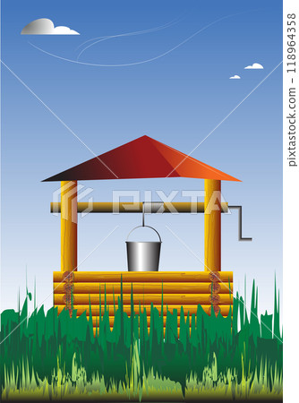 Wooden water well with metal bucket hanging over green grass on sunny day Wooden water well with metal bucket hanging over green grass on sunny day 118964358