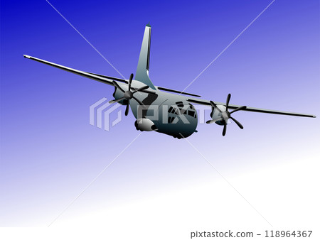 Turboprop military aircraft flying in a blue sky 118964367