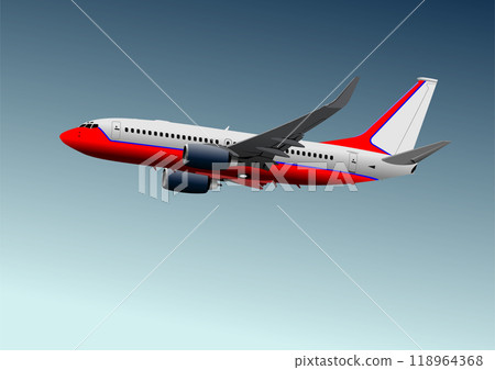 Passenger airplane flying in the sky with blue gradient background Passenger airplane flying in the sky with blue gradient background 118964368