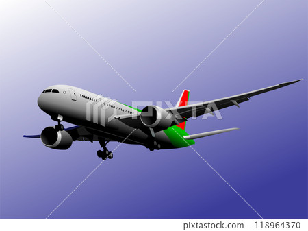 Modern passenger airplane flying in the blue sky 118964370