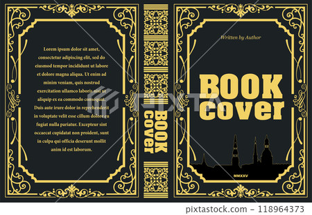 Book cover design featuring golden ornate frame and cityscape silhouette Book cover design featuring golden ornate frame and cityscape silhouette 118964373