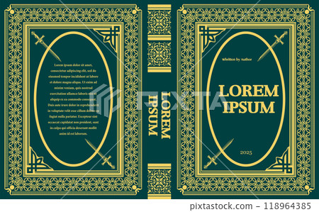 Ornate book cover design featuring swords and gold ornamentation 118964385