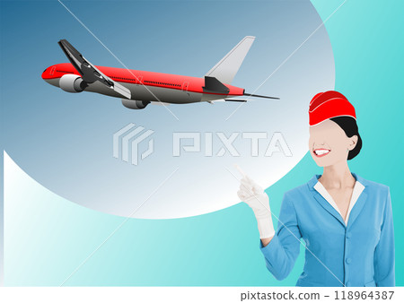 Smiling flight attendant pointing at a red and grey airplane taking off 118964387