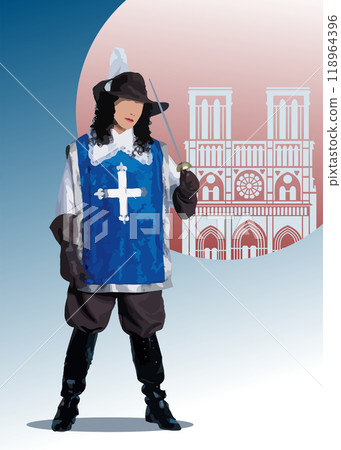 Musketeer guarding notre dame cathedral in paris france wearing blue tunic Musketeer guarding notre dame cathedral in paris france wearing blue tunic 118964396