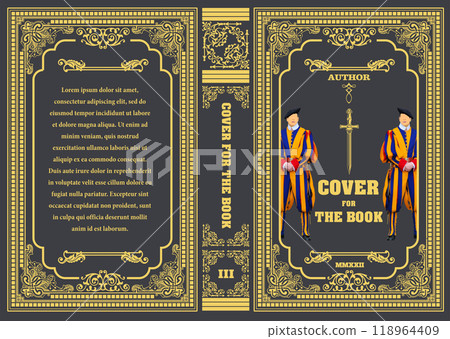 Cover for the book with two swiss guards standing guard and ornate gold frame Cover for the book with two swiss guards standing guard and ornate gold frame 118964409