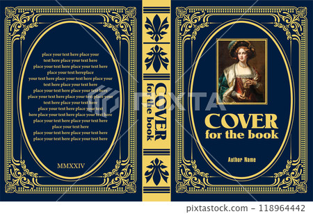 Antique book cover with ornate frame featuring a portrait of a noblewoman Antique book cover with ornate frame featuring a portrait of a noblewoman 118964442