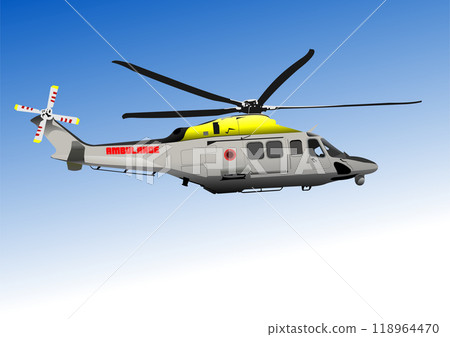 Air ambulance helicopter flying in blue sky Air ambulance helicopter flying in blue sky 118964470