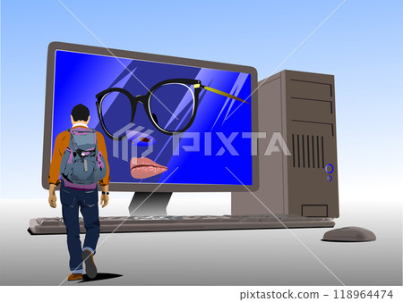 Student walking away from large computer Student walking away from large computer 118964474