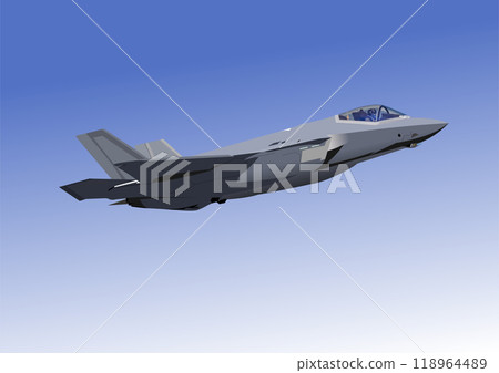 Modern fighter jet soaring through blue sky Modern fighter jet soaring through blue sky 118964489