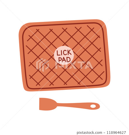 Vector illustration of a lick pad for dogs and cats. Flat cartoon design of a silicone mat for pets, calming and interactive accessory for stress relief and training. Fun and practical pet care tool 118964627