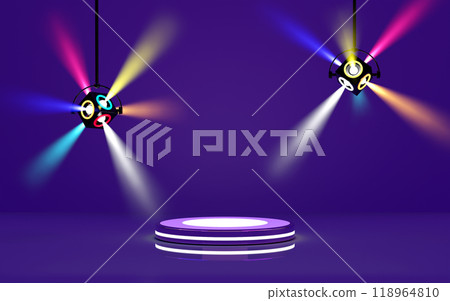 3d cylinder stage podium empty in room with neon, disco lights, abstract geometric cosmetic showcase pedestal purple, violet background. mockup modern scene, 3d animation 3d cylinder stage podium empty in room with neon, disco lights, abstract geometric cosmetic showcase pedestal purple, violet background. mockup modern scene, 3d animation 118964810
