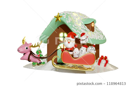 3d home with gift box, santa claus and cute monster friends, reindeer, sleigh, pine tree, merry christmas, happy new year, 3d render illustration 3d home with gift box, santa claus and cute monster friends, reindeer, sleigh, pine tree, merry christmas, happy new year, 3d render illustration 118964813