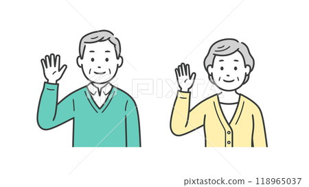 Upper body illustration of an elderly man and woman raising one hand to greet 118965037